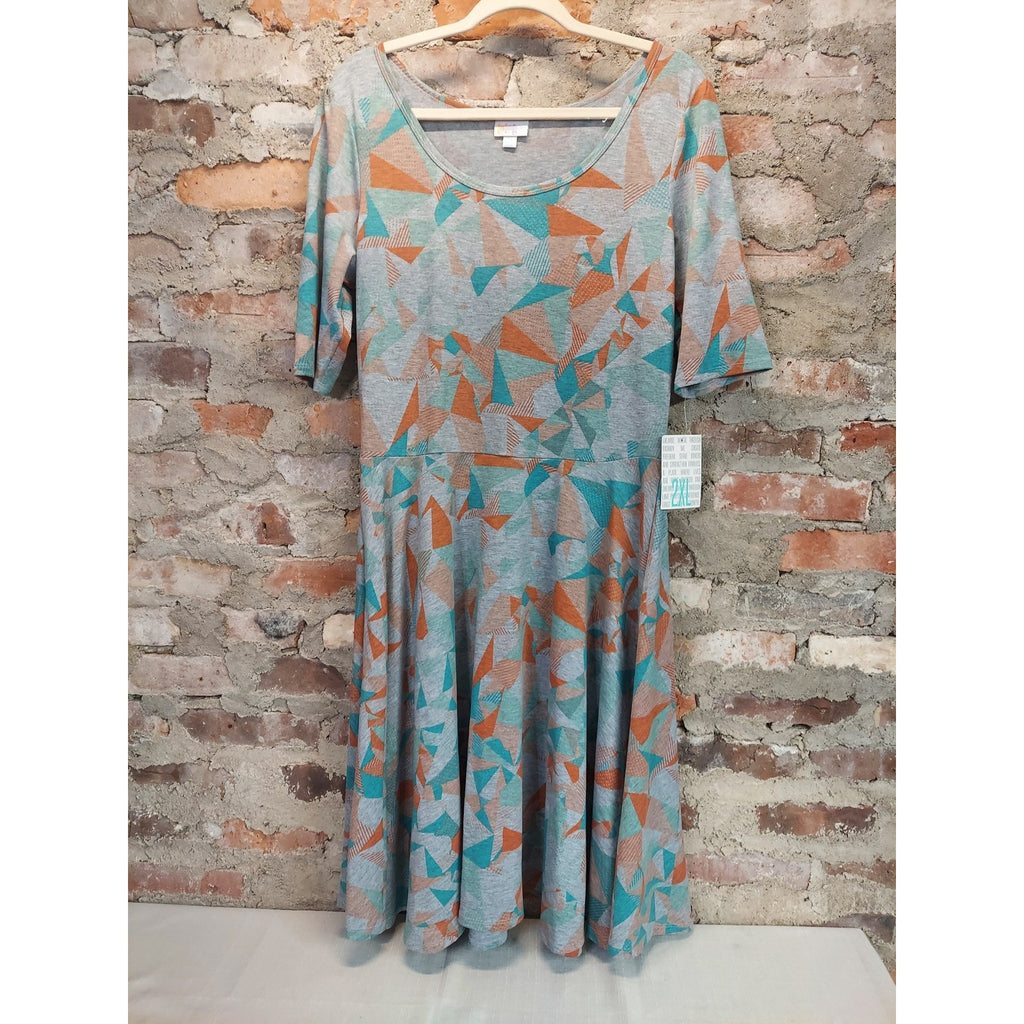 LuLaRoe Womens 2XL Dress Gray Orange Teal Geometric NWT A Line Short Sleeve