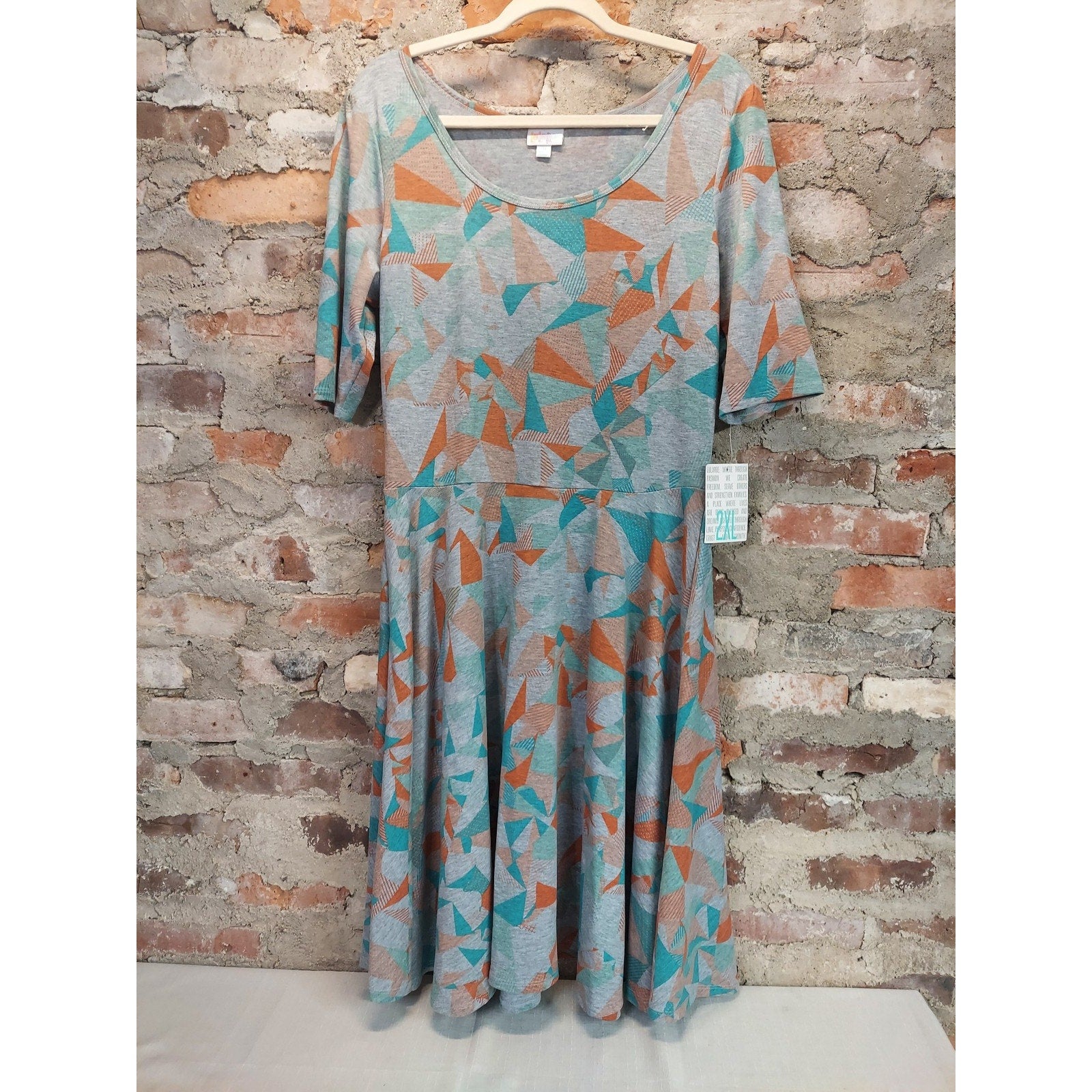 LuLaRoe Womens 2XL Dress Gray Orange Teal Geometric NWT A Line Short Sleeve