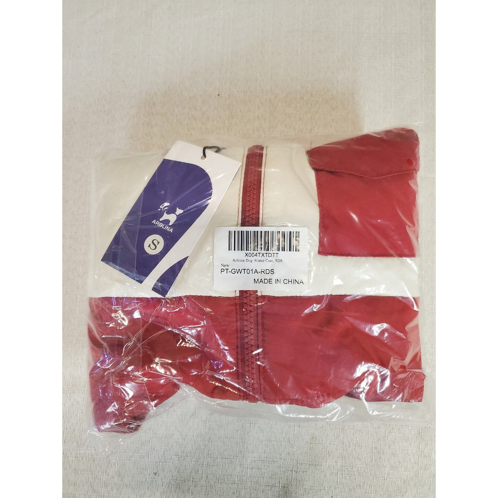 ARBLUNA Dog Winter Coat S Red White Puffer Full Zip Reversible Warm Fleece Lined