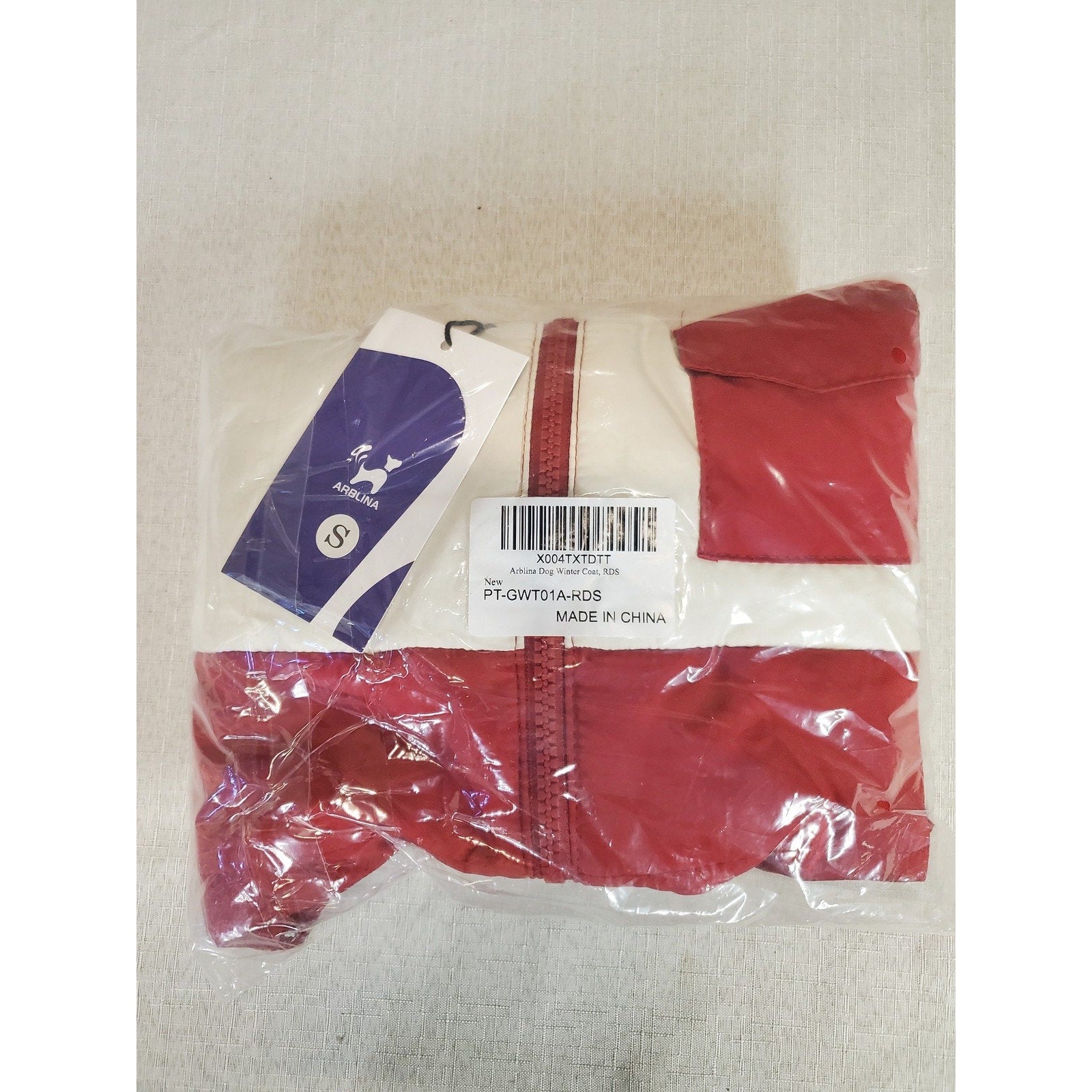 ARBLUNA Dog Winter Coat S Red White Puffer Full Zip Reversible Warm Fleece Lined