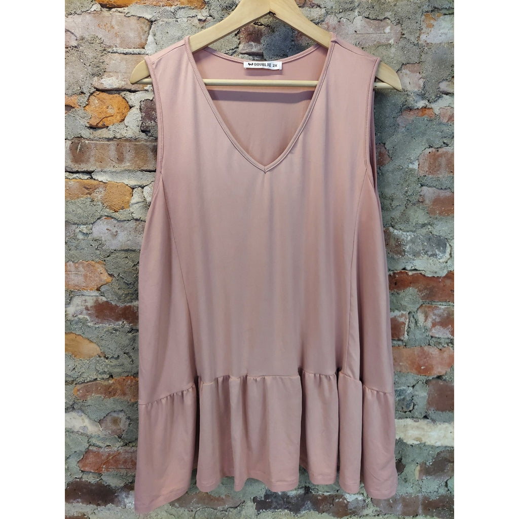 DOUBLJU Womens Plus Size 2X Sleeveless V Neck Tunic Top Pink Ruffled Hem
