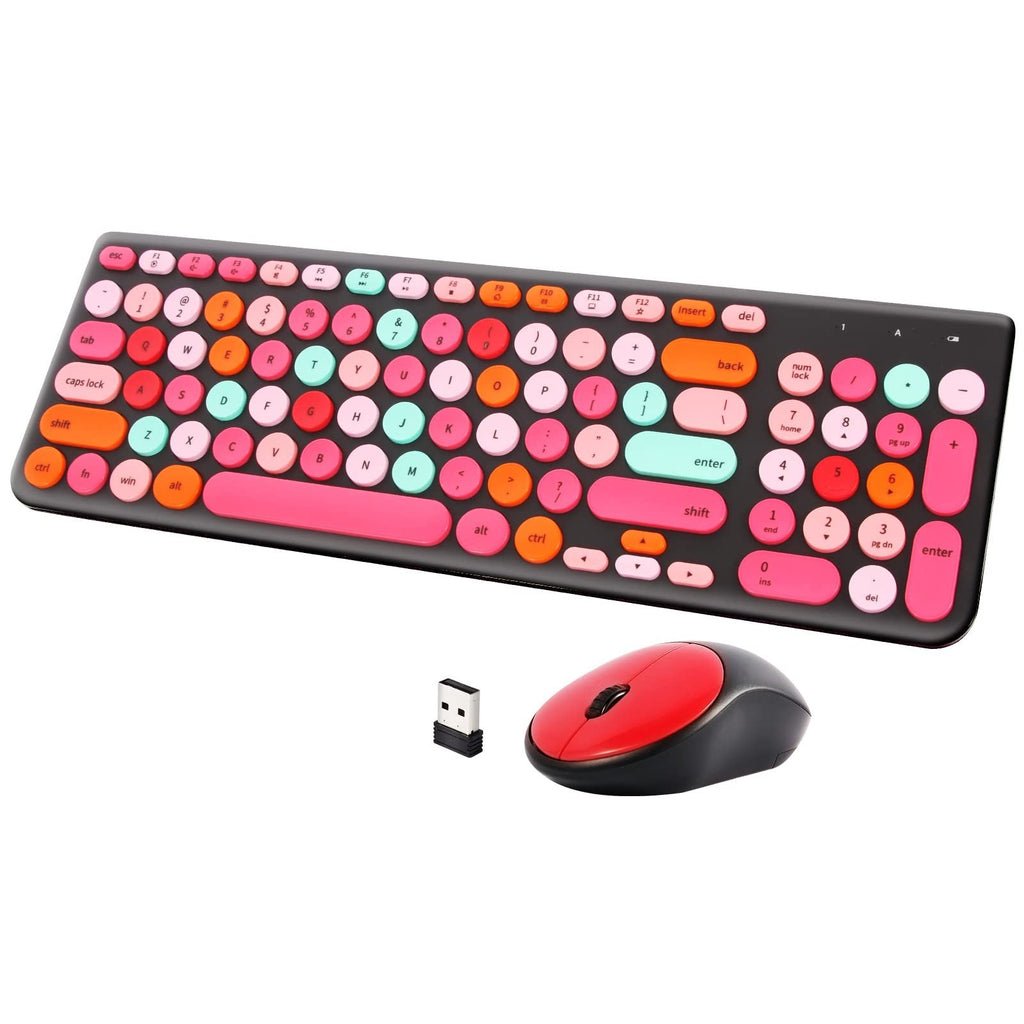 Wireless Keyboard Mouse Combo Set Retro Round Keycaps 2.4G Multicolor Black Red