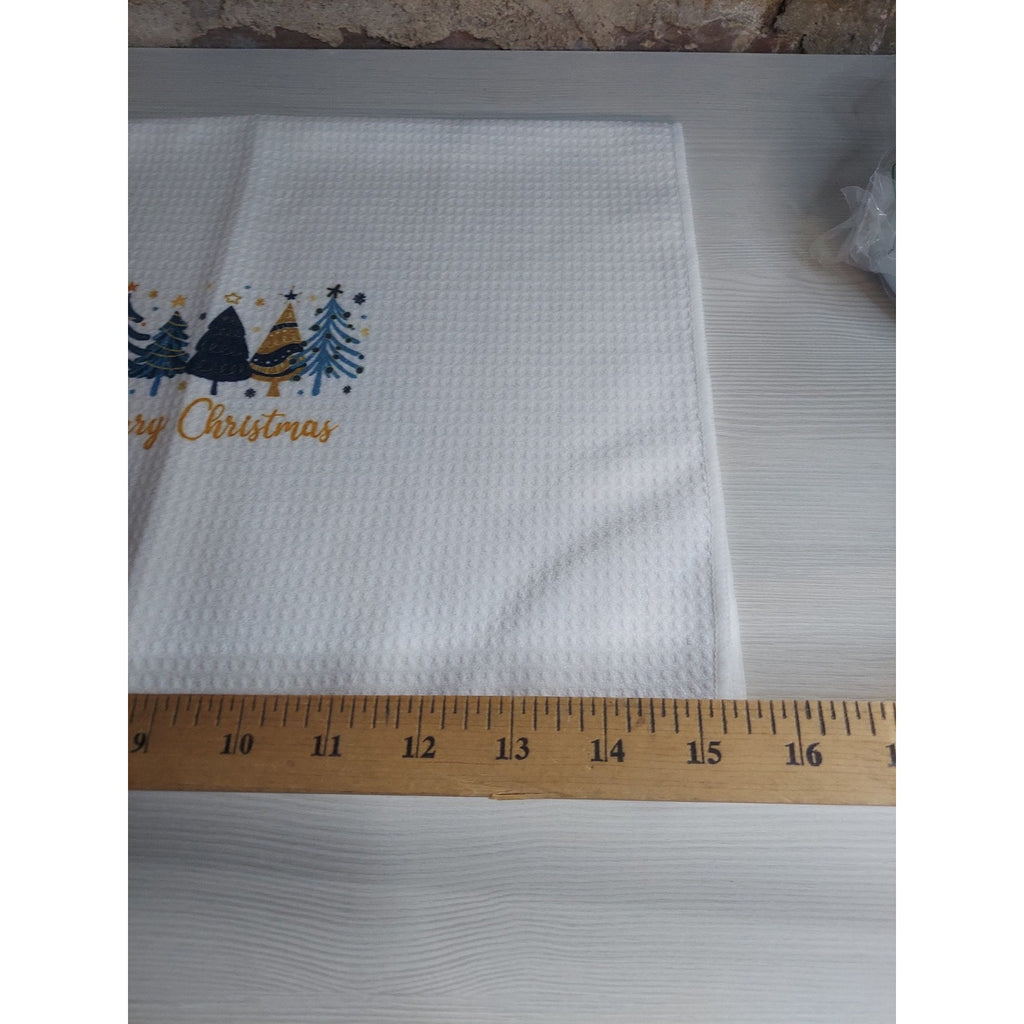 Christmas Kitchen Towel Waffle Weave Merry Christmas Trees Holiday Decor White