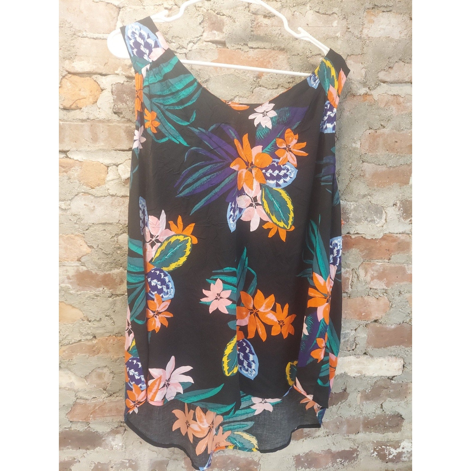 Old Navy Womens Tank Top XXL Floral Tropical Multicolor Black Scoop Neck