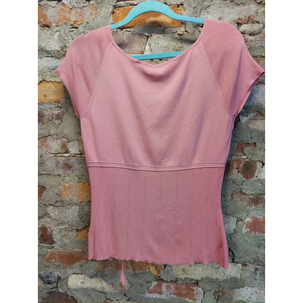 Dressbarn Womens Knit Top M Pink Short Sleeve Scoop Neck Tie Waist Ribbed