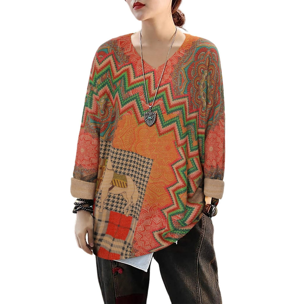 Womens Sz S Boho Loose Fit Western Zigzag Print Long Sleeve V Neck Tunic Sweater