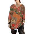 Womens Sz S Boho Loose Fit Western Zigzag Print Long Sleeve V Neck Tunic Sweater