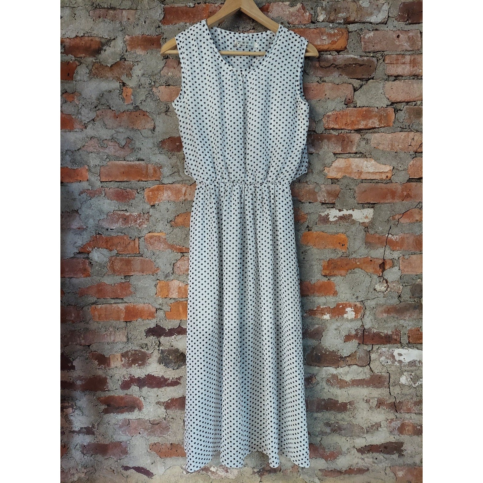 Wei yi mei Womens Maxi Dress XXL Black White Polka Dot Sleeveless Elastic Waist