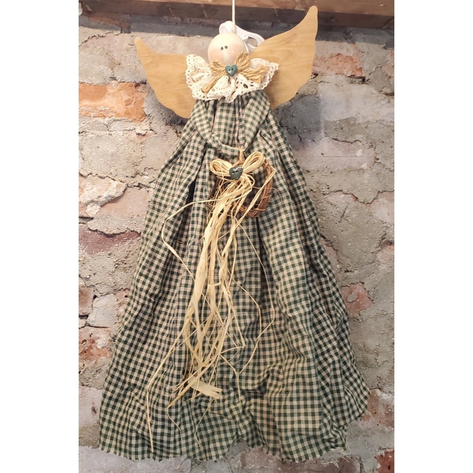 Angel Rustic Farmhouse Primitive Wall Decor Gingham Green Tan Wood Rag Doll
