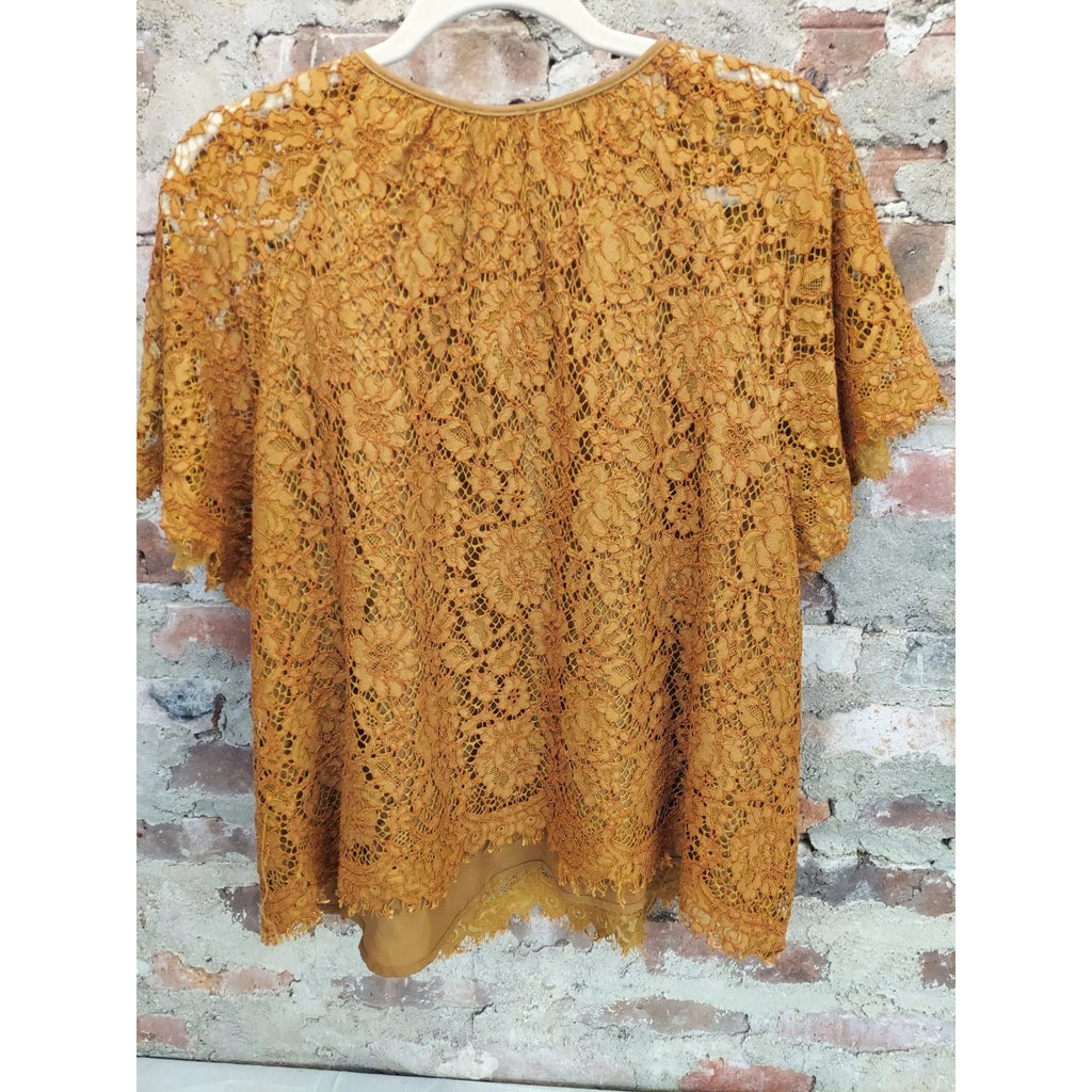 J.Crew Womens Lace Top Blouse 2X Plus Mustard Yellow Floral Keyhole Neck
