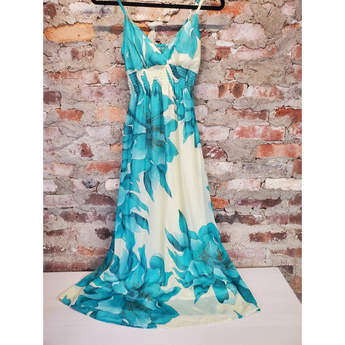 SHEESHOO Womens Dress S Small Cream Teal Floral Smocked Bodice Spaghetti Strap