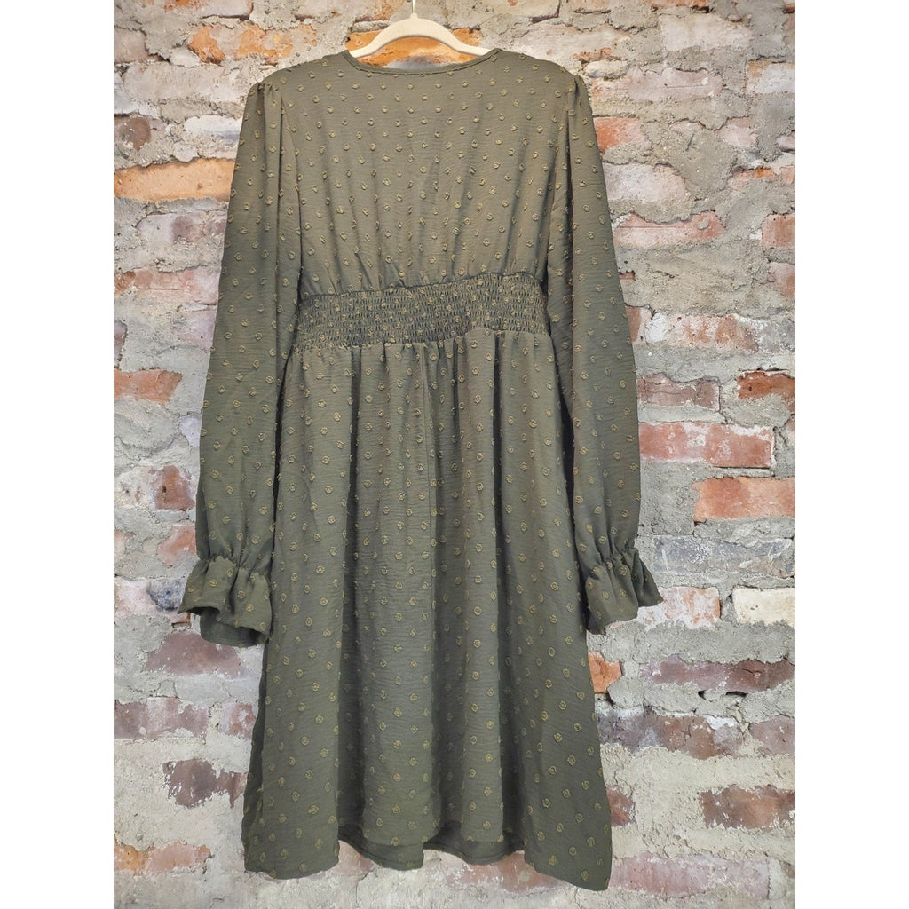 FimarSted Womens Dress L Olive Green Long Sleeve V Neck Ruched Textured Dotted