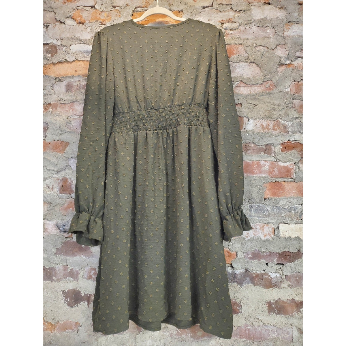 FimarSted Womens Dress L Olive Green Long Sleeve V Neck Ruched Textured Dotted