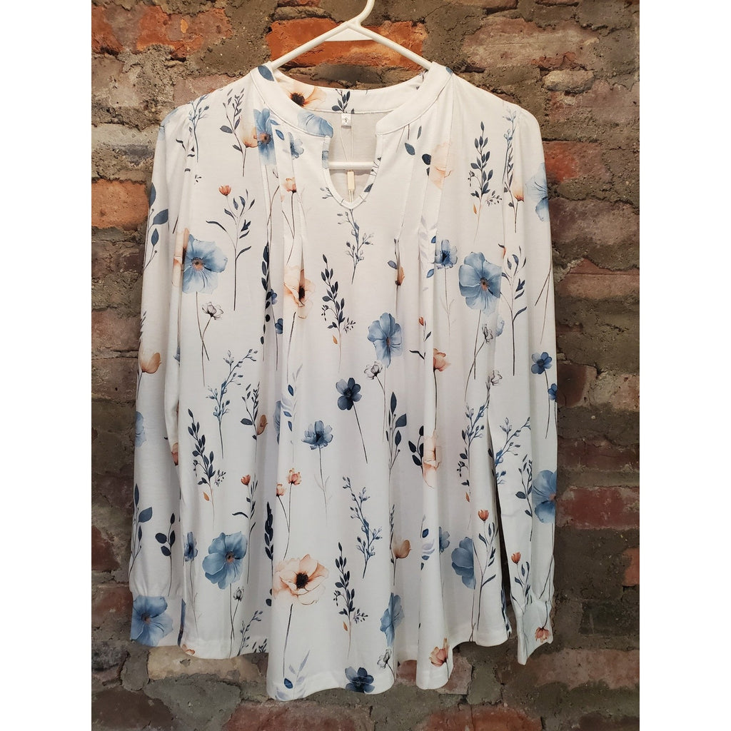 Womens Long Sleeve Top S White Blue Floral Print V Neck Pleated Casual
