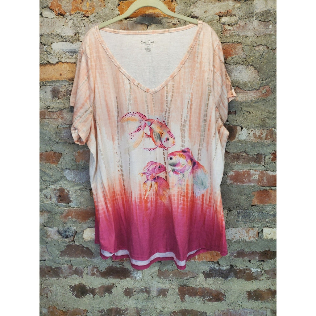 Coral Bay Womens 3X Orange Pink Goldfish Tie Dye Ombre V Neck Short Sleeve Top