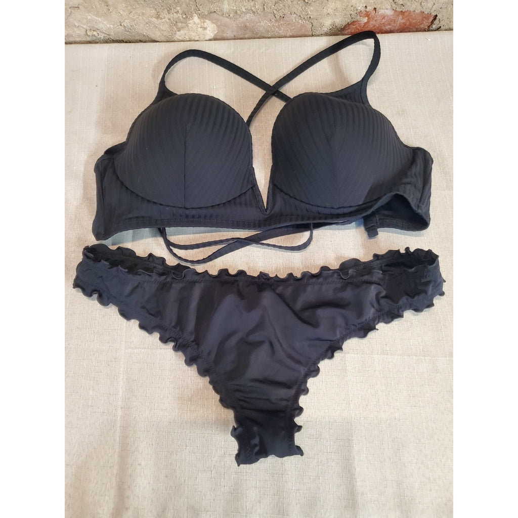 Shade & Shore Womens Bikini Set L Black Ribbed Ruffle Criss Cross 36DD Top