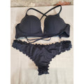 Shade & Shore Womens Bikini Set L Black Ribbed Ruffle Criss Cross 36DD Top