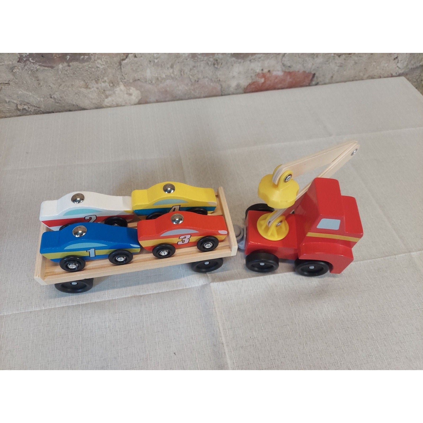 Melissa & Doug Wooden Toy Truck Magnetic Crane Car Carrier Race Cars Kids 3+