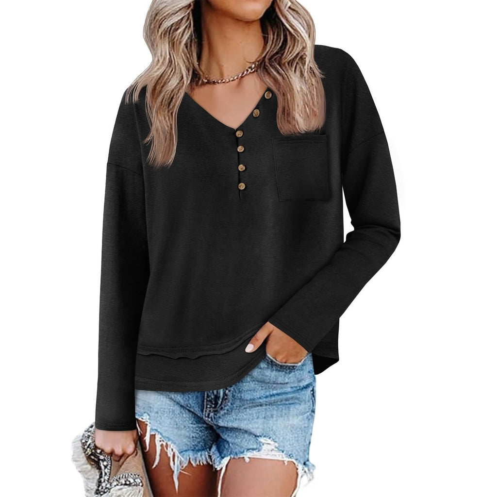 Womens L Long Sleeve Henley Shirt Black V Neck Button Pocket Pullover Top