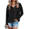 Womens L Long Sleeve Henley Shirt Black V Neck Button Pocket Pullover Top