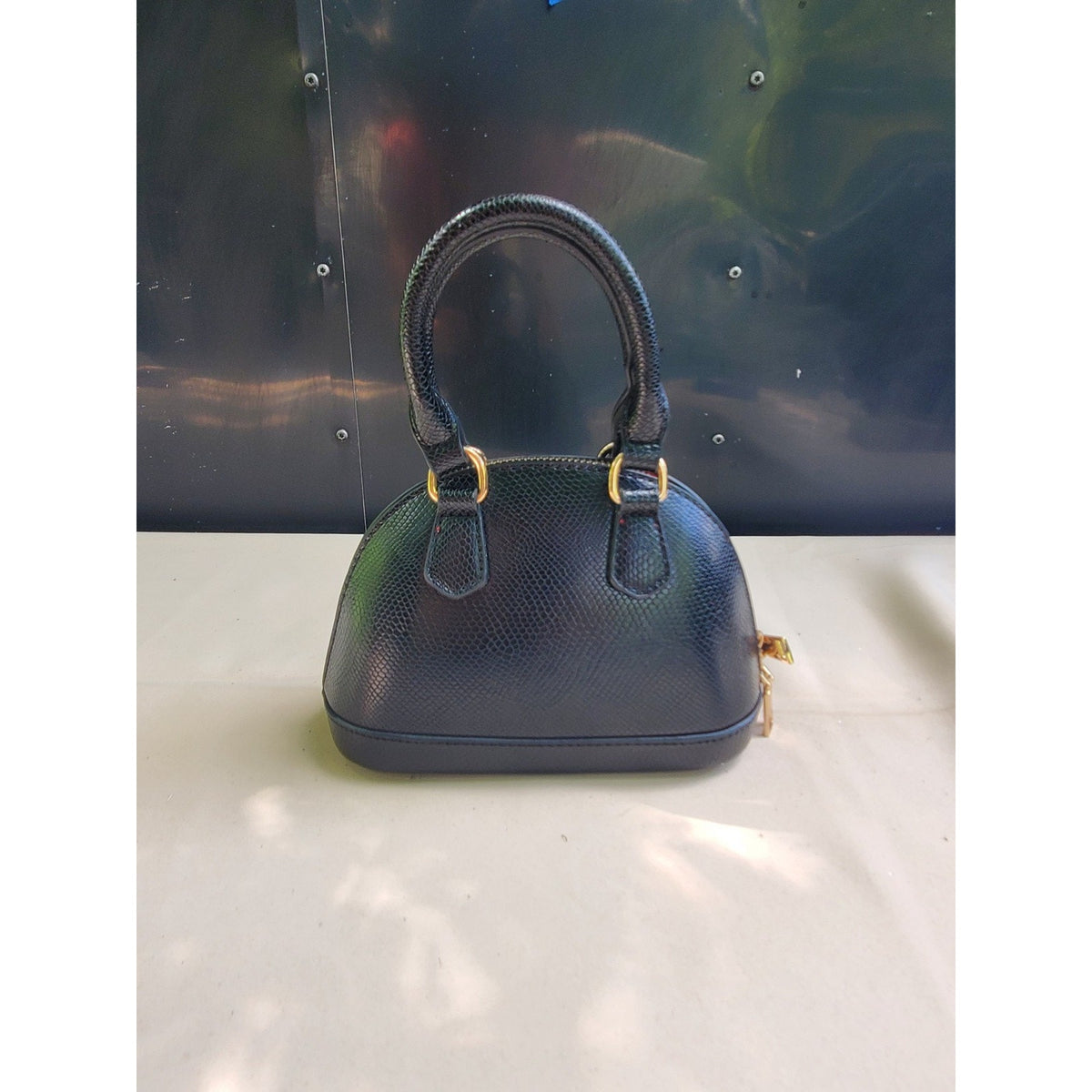 Black Mini Dome Top Handle Handbag Reptile Print Gold Tone Zipper Small Purse