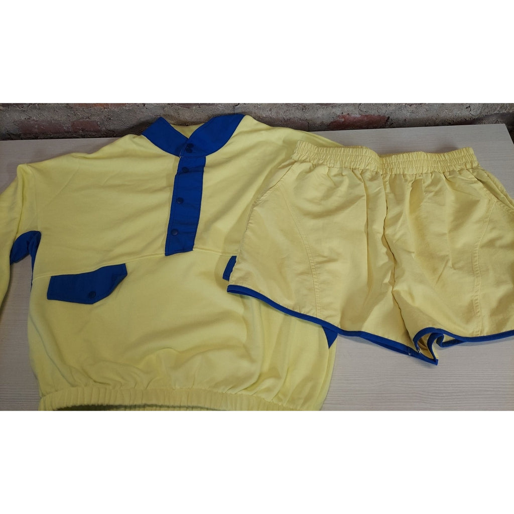 Womens S Yellow Blue Two Piece Set Pullover Long Sleeve Top Shorts Neon 80s