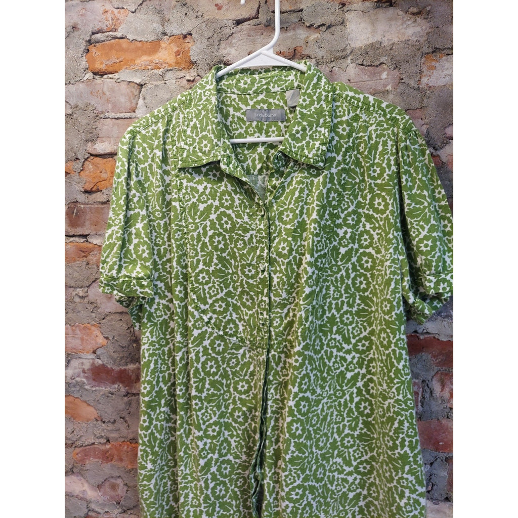 Liz Claiborne Womens 2x Short Sleeve Button Up Shirt Green White Floral Print