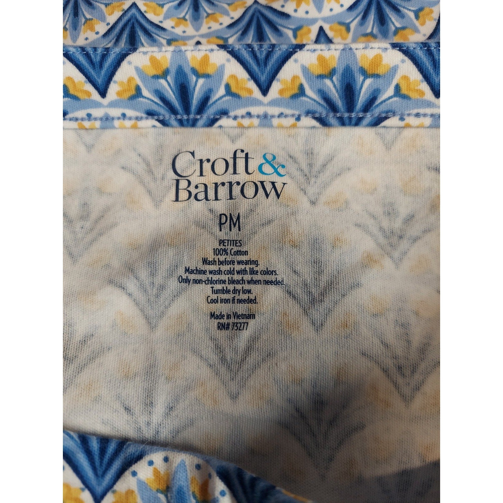Croft & Barrow Womens Top PM Blue Yellow Fan Print 100% Cotton 3/4 Sleeve Boat