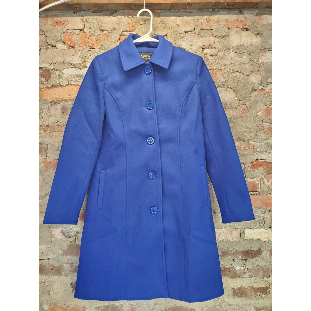 NEW Womens Winter Coat S Royal Blue Collared Button Front Lined