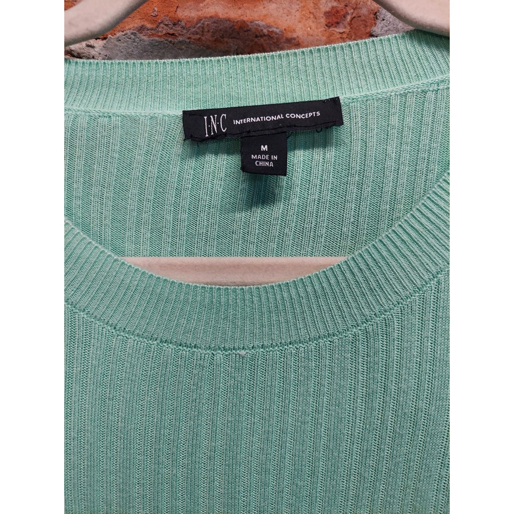 INC Womens Ribbed Knit Top M Mint Green Cap Sleeve Pullover Sweater Shoulder