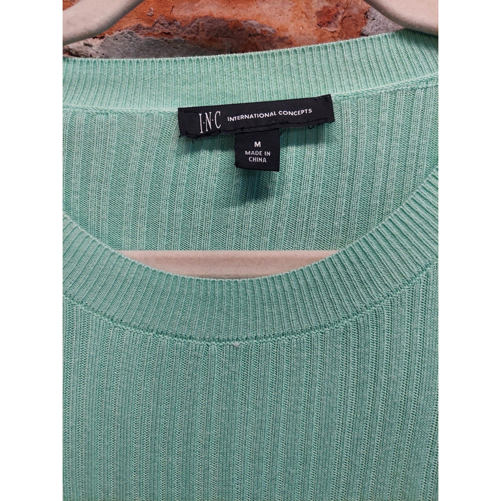 INC Womens Ribbed Knit Top M Mint Green Cap Sleeve Pullover Sweater Shoulder