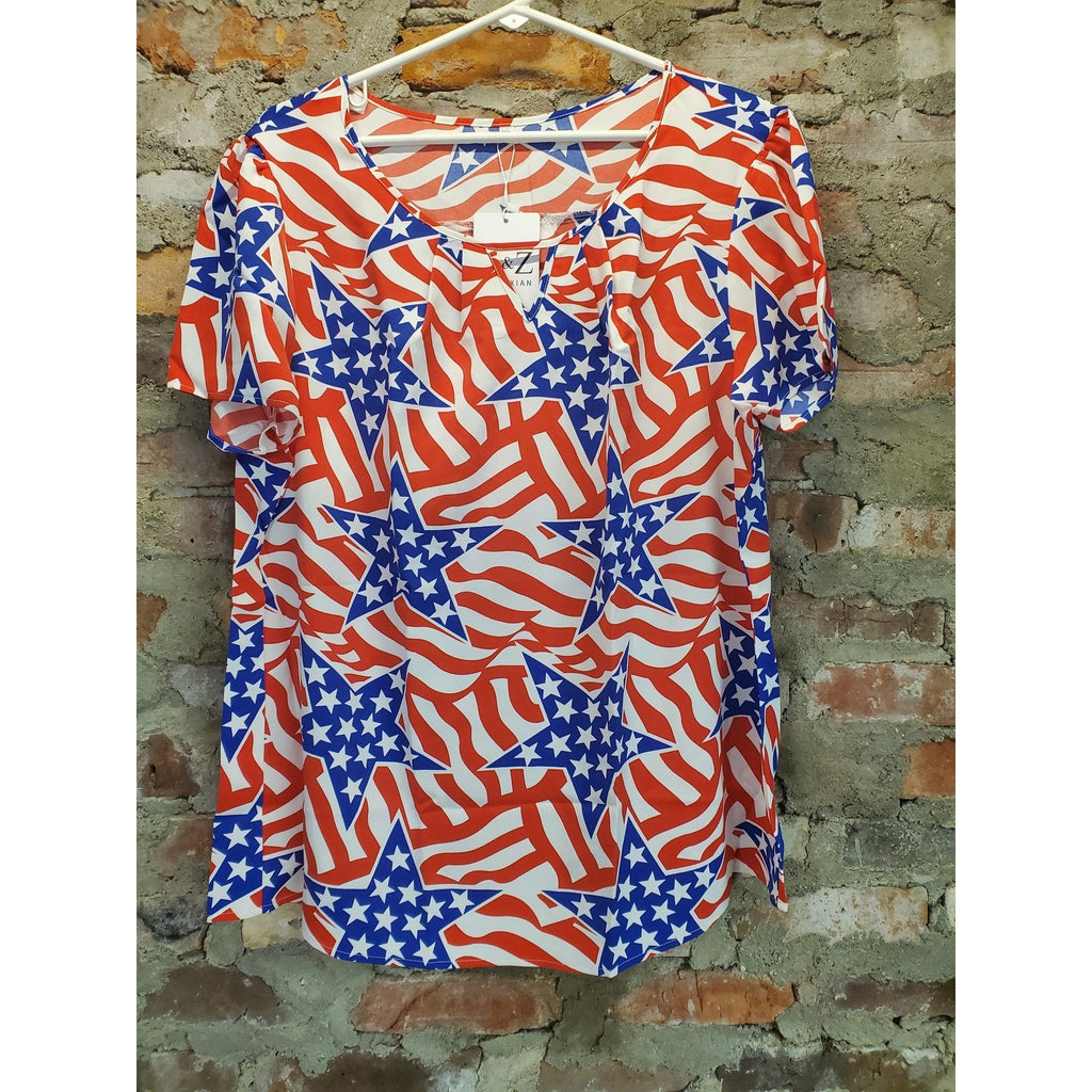 Womens American Flag Top Shirt 2XL Red White Blue Patriotic Short Sleeve