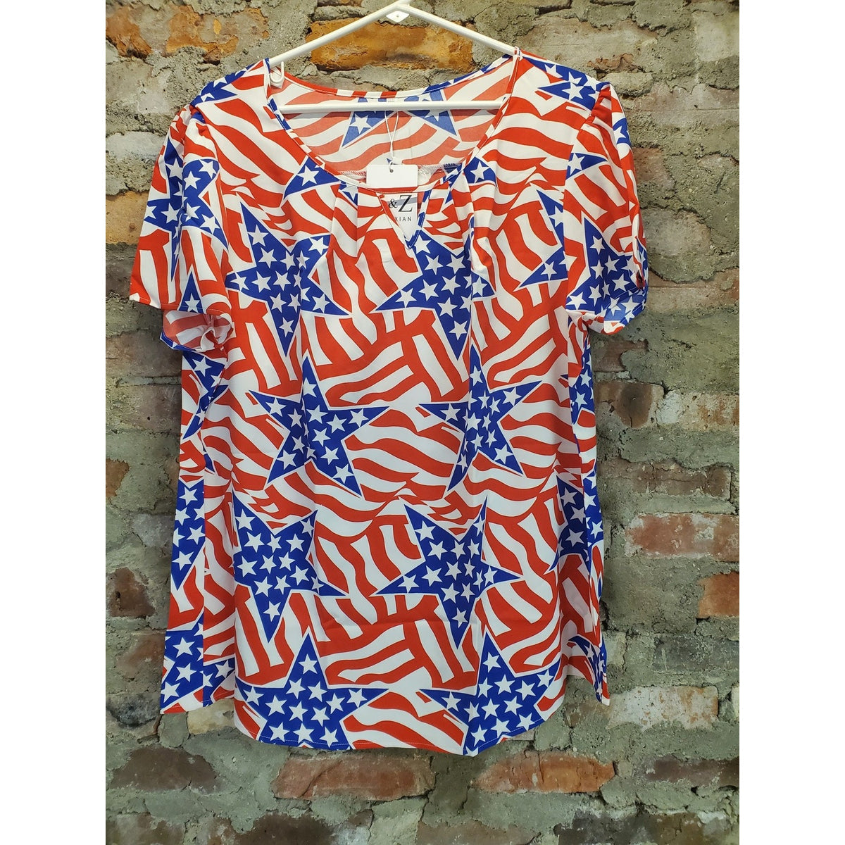 Womens American Flag Top Shirt 2XL Red White Blue Patriotic Short Sleeve