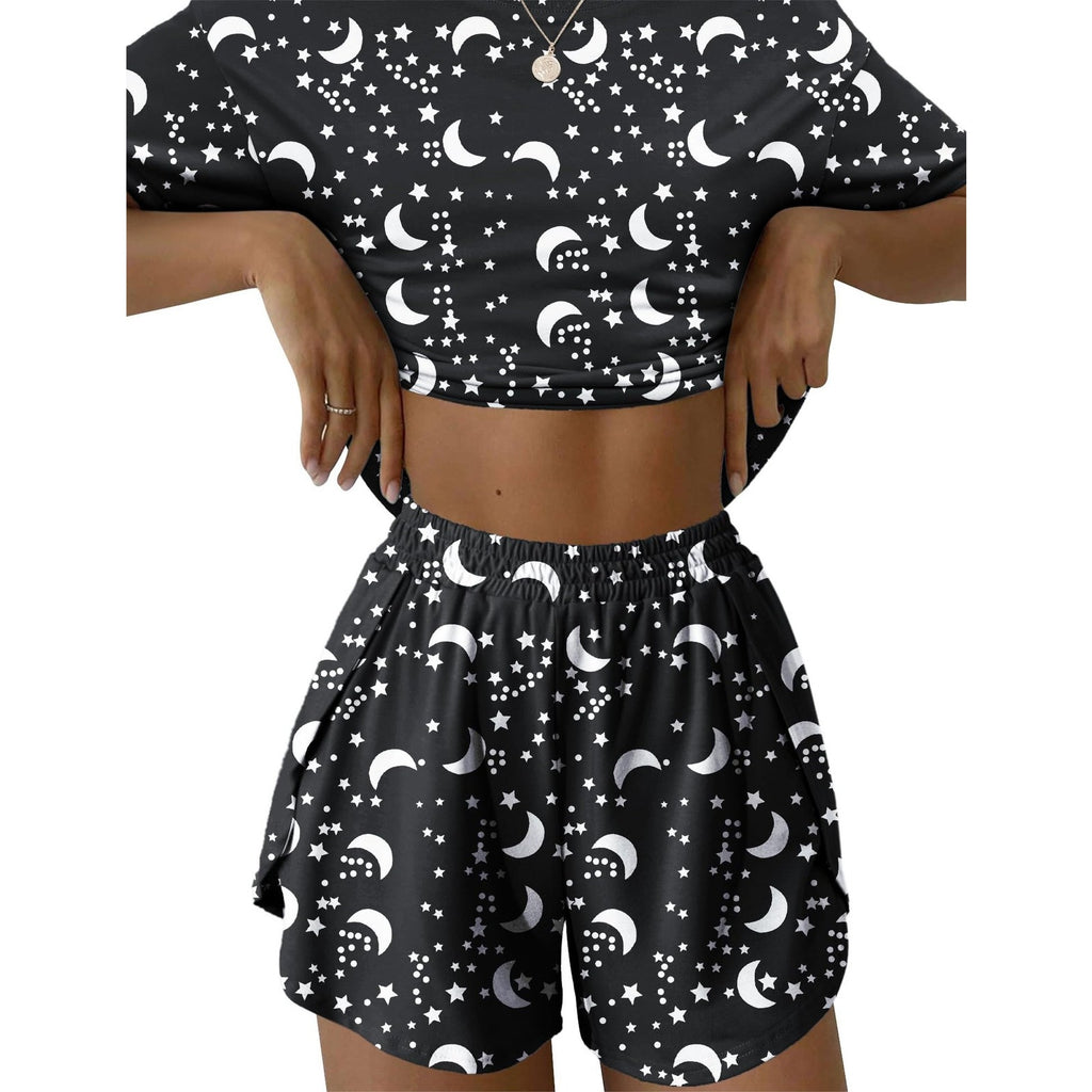 Womens Pajama Shorts Set Sz S Moon Star Print Two Piece Black White Short Sleeve