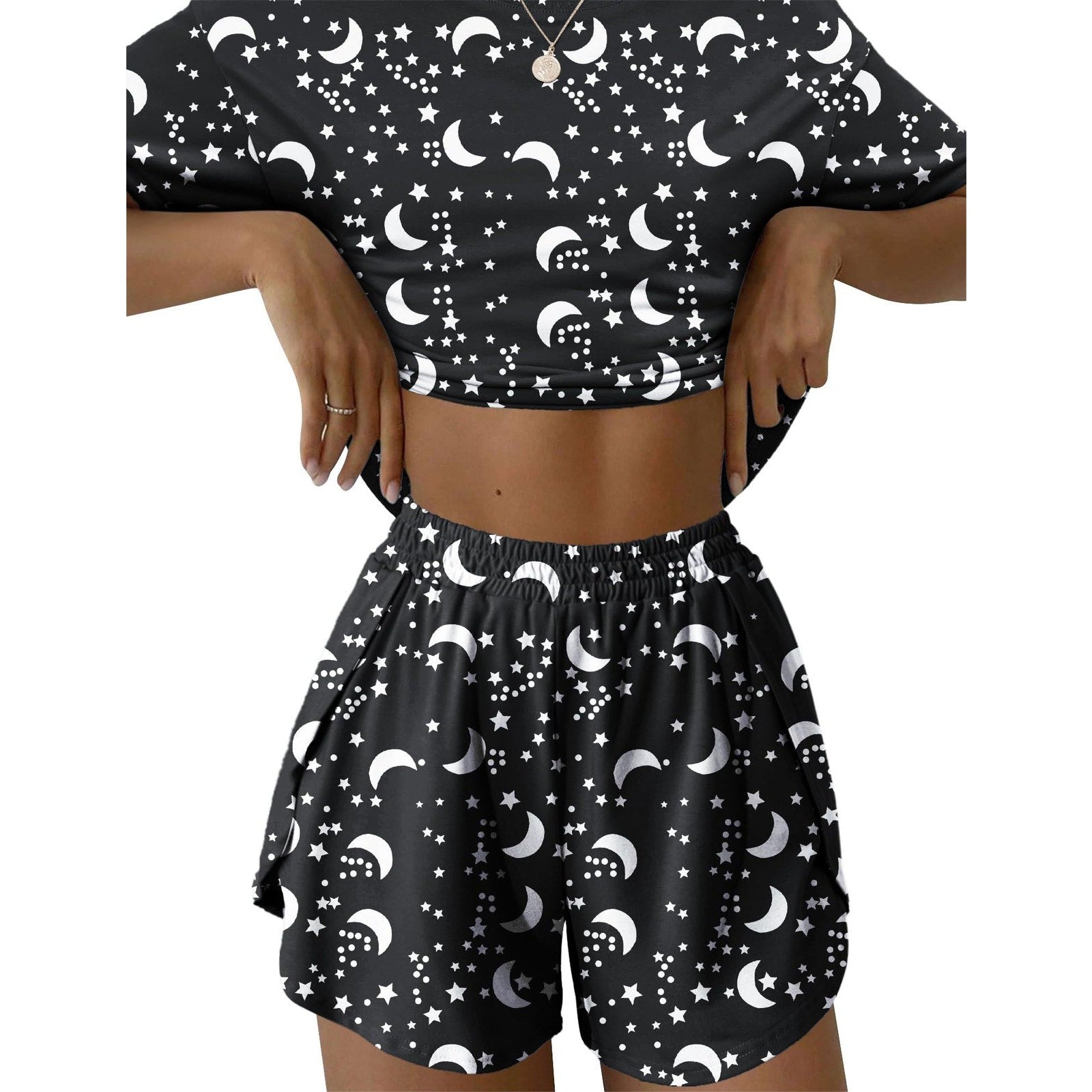 Womens Pajama Shorts Set Sz S Moon Star Print Two Piece Black White Short Sleeve