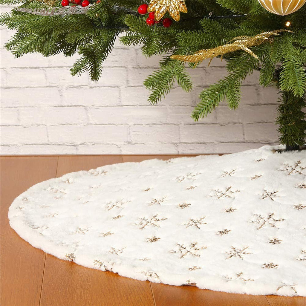 Sattiyrch Christmas Tree Skirt White Faux Fur Plush Gold Sequin Snowflake Decor