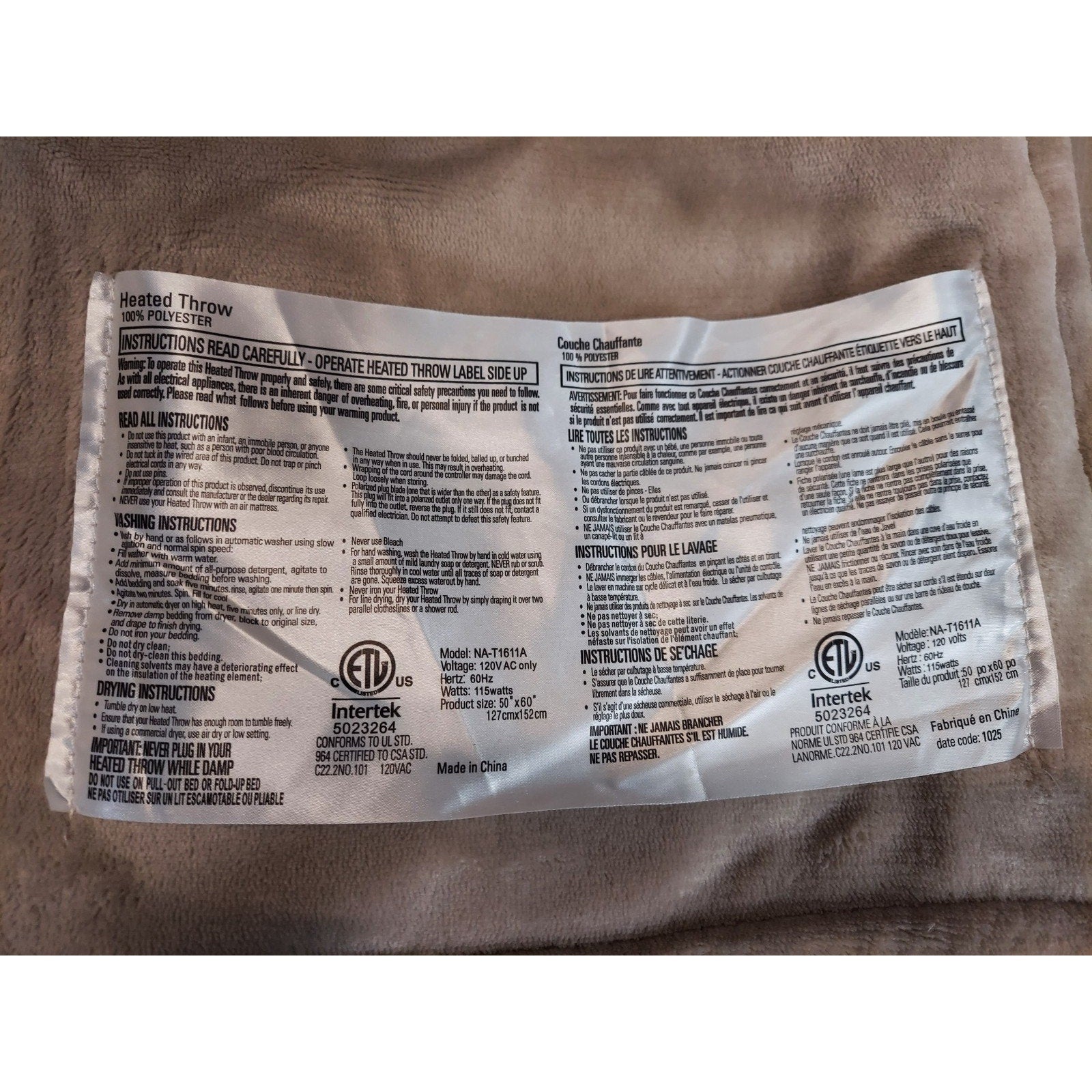 Heated Throw Electric Blanket 50x60 Inch Soft Plush Polyester ETL Certified