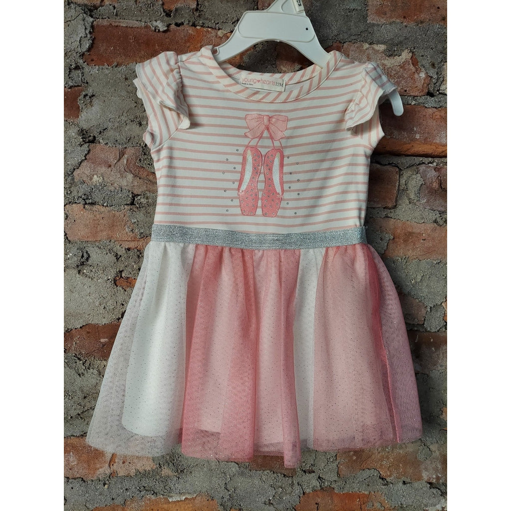 Young Hearts Girls Dress 12M Pink White Ballet Slippers Tutu Sparkle Ruffle