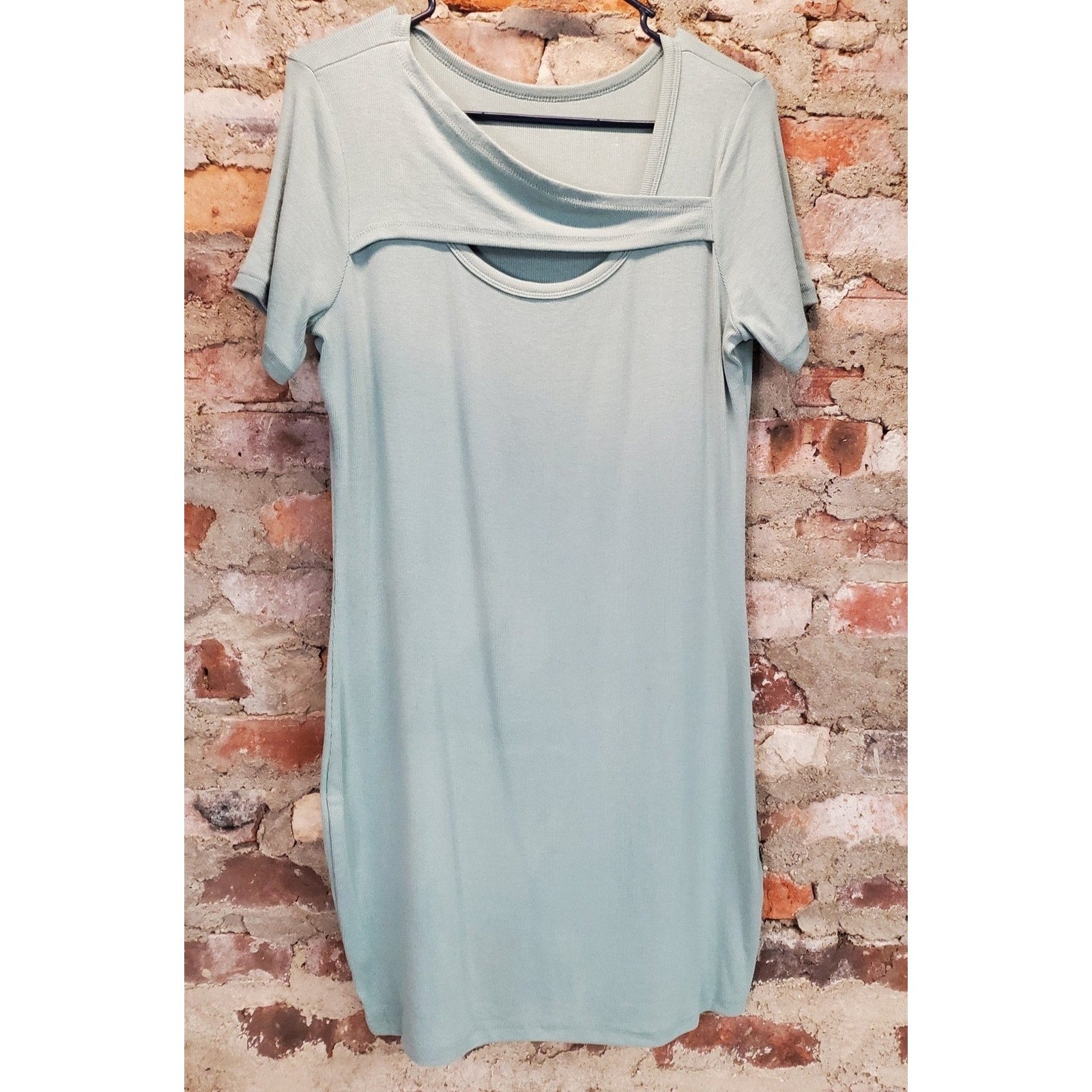 Womens Dress XL Mint Green Ribbed Cutout Neck Short Sleeve Bodycon