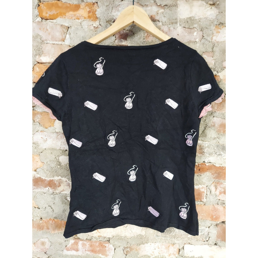 Whimsy by Sydney Easton Womens Top L Black V Neck Short Sleeve Rosette