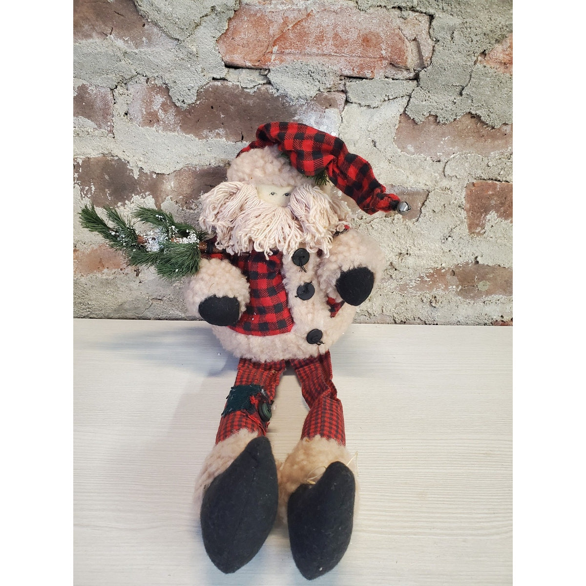 Christmas Santa Plaid Buffalo Check Dangle Legs Plush Figurine Farmhouse Rustic