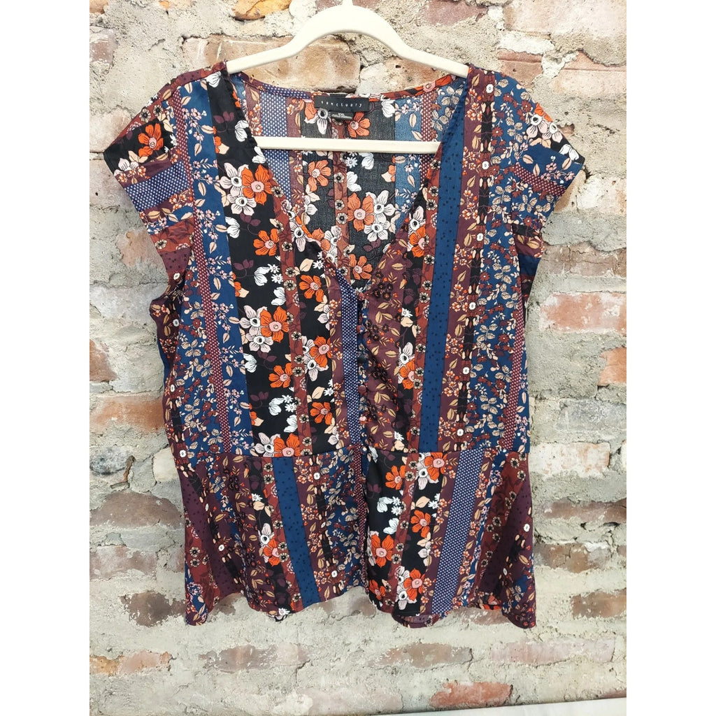 Sanctuary Womens Patchwork Floral Blouse Top XXL Multicolor Short Sleeve