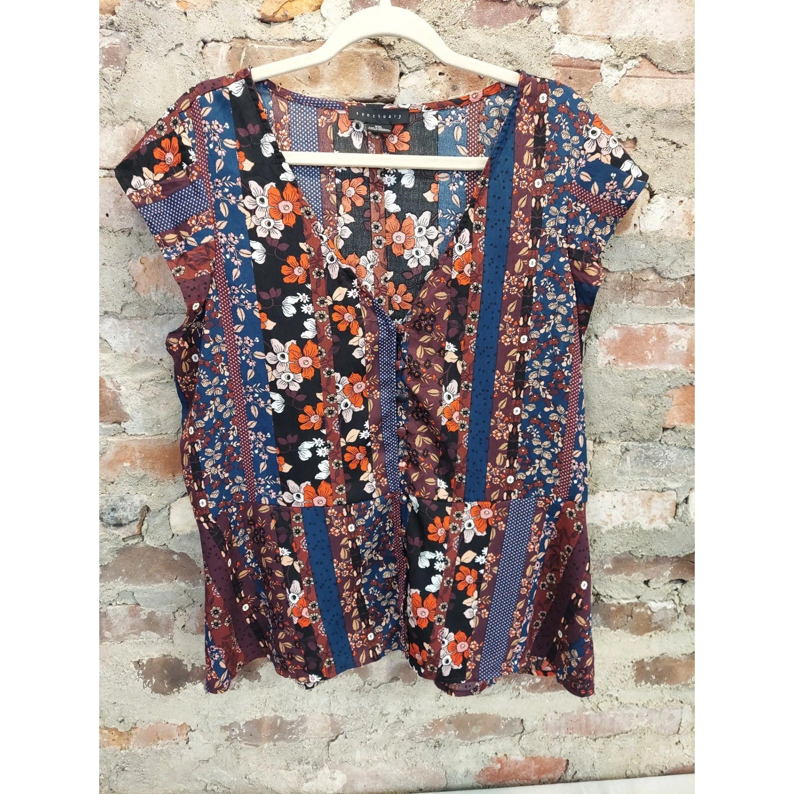 Sanctuary Womens Patchwork Floral Blouse Top XXL Multicolor Short Sleeve