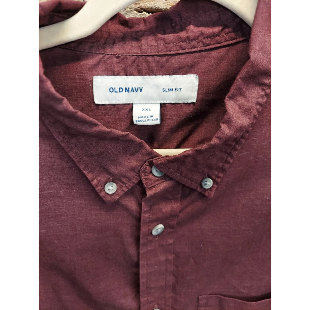 Old Navy Mens Button Down Shirt Slim Fit XXL Long Sleeve Burgundy Red Casual