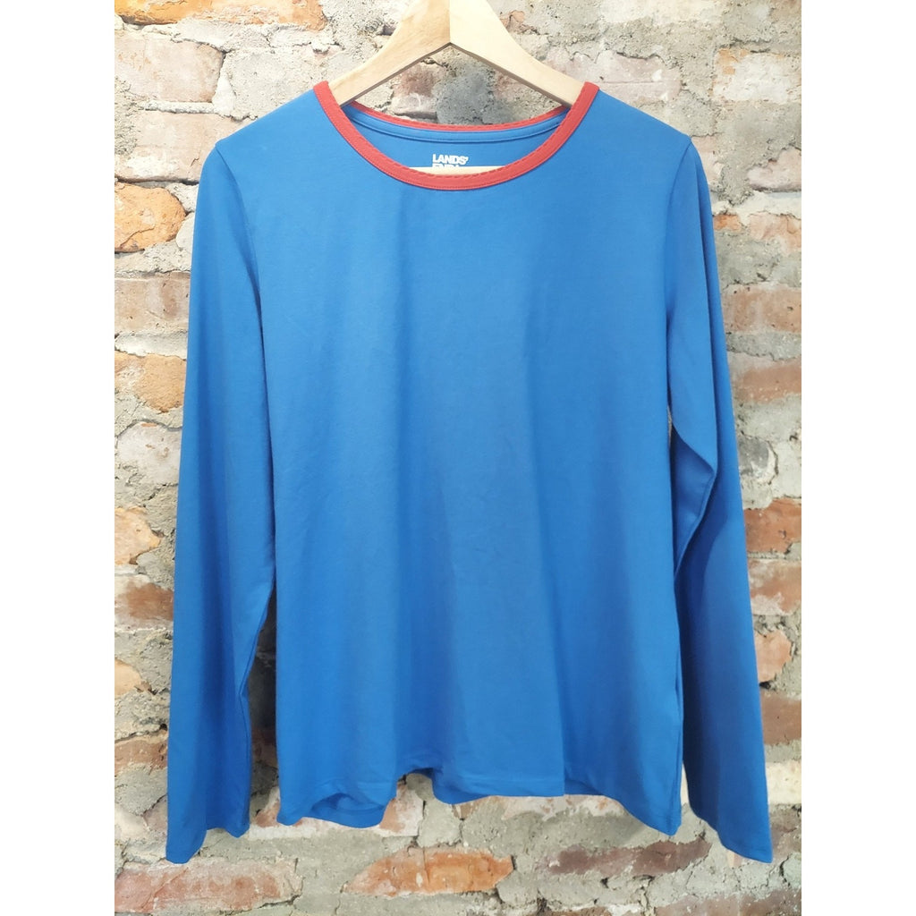 Lands End Long Sleeve Crewneck T Shirt Womens M 10-12 Blue Red
