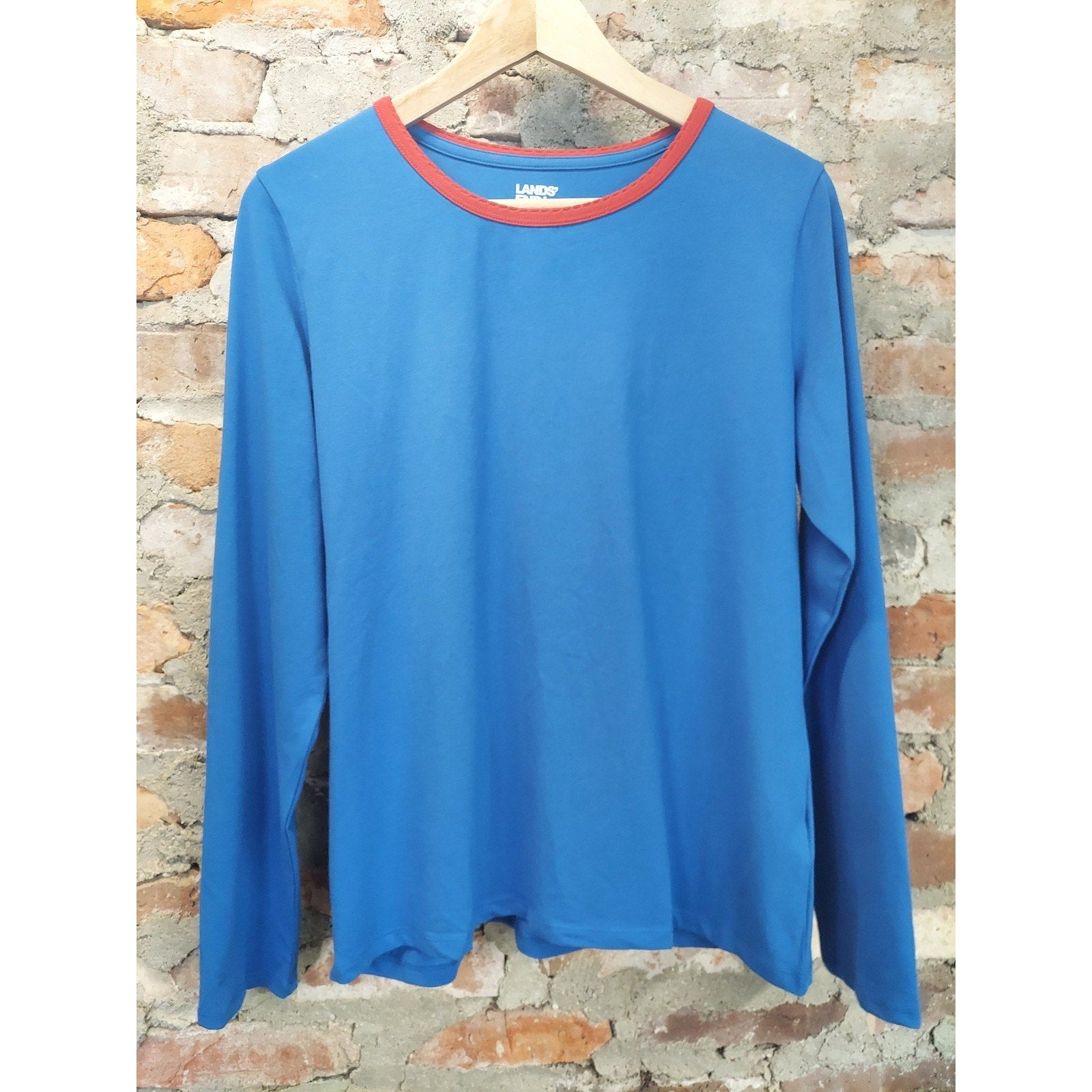 Lands End Long Sleeve Crewneck T Shirt Womens M 10-12 Blue Red