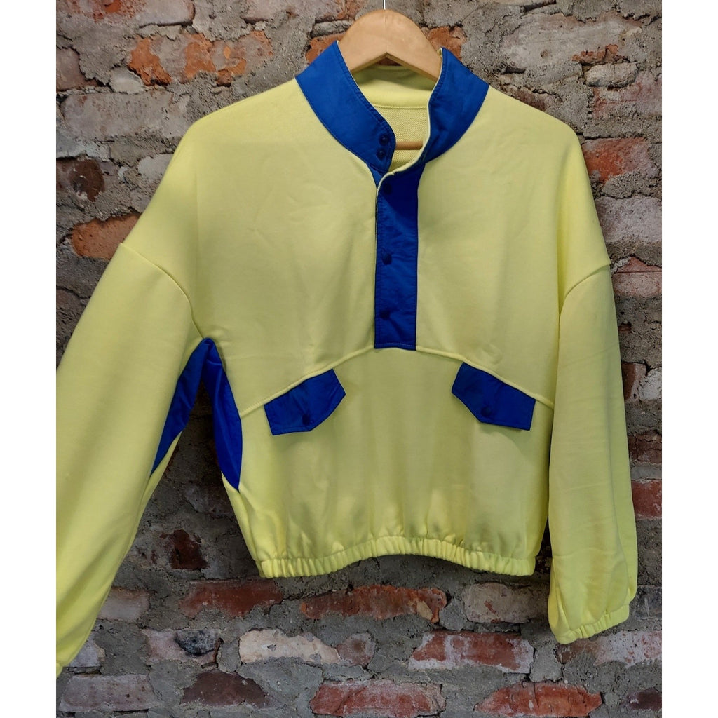 Womens S Yellow Blue Two Piece Set Pullover Long Sleeve Top Shorts Neon 80s
