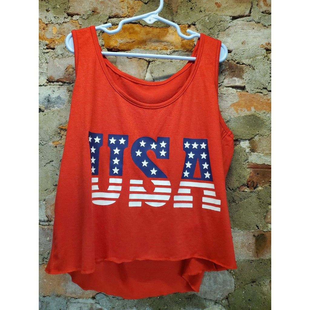 Womens Tank Top Sz S Small Red USA Flag Graphic Patriotic Sleeveless Casual