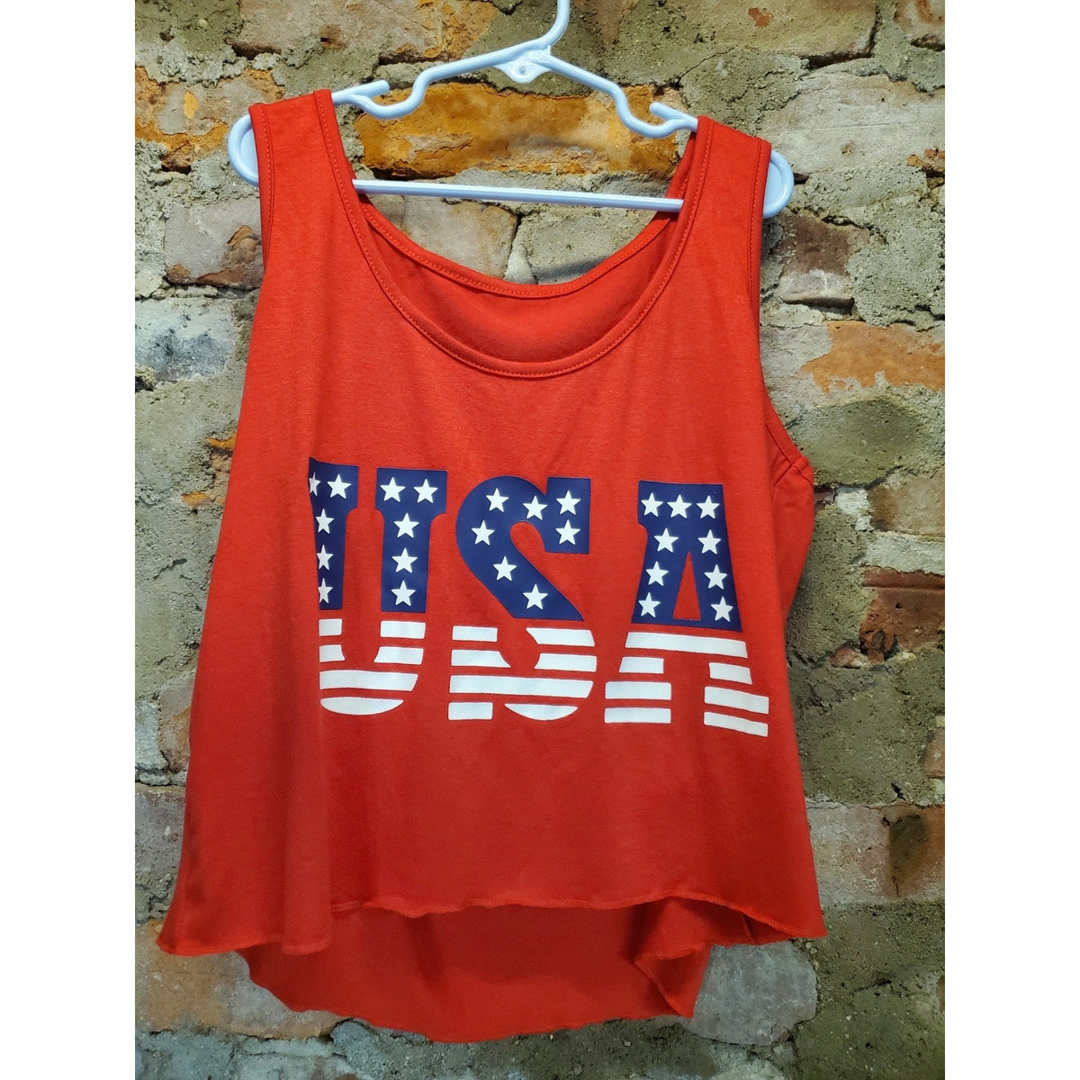 Womens Tank Top Sz S Small Red USA Flag Graphic Patriotic Sleeveless Casual
