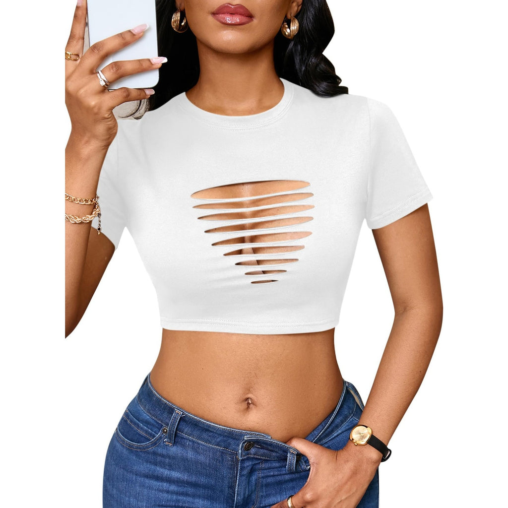 Renidoo Womens Distressed Crop Top Small White Ribbed Short Sleeve T Shirt